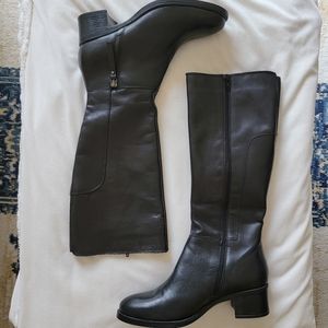 Black Leather Knee High Heeled Boots